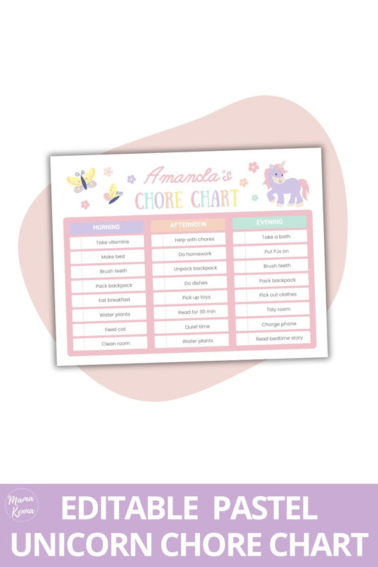 Editable Pastel Unicorn Chore Chart